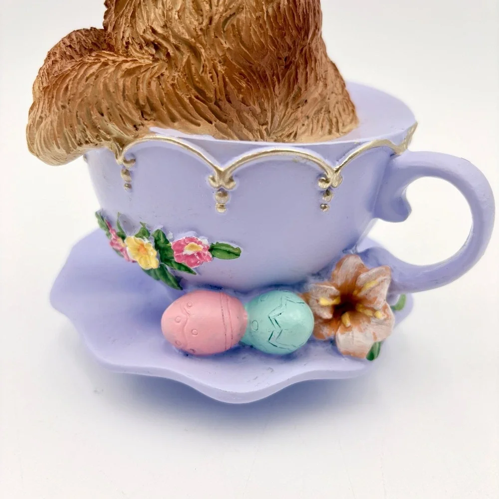 Easter Puppy in Teacup Figurine Bunny Ears Butterfly Lavender Resin Pastel‎